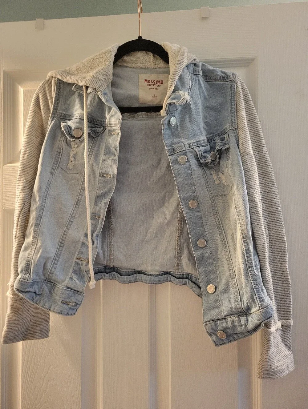Mossimo Light Wash Denim Jacket with Gray Knit Hoodie M